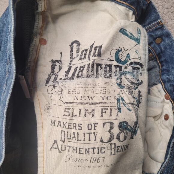 Polo Ralph Lauren Jeans 35x32 Blue Denim Slim Straight Zip Fly Stratford Wash - Picture 10 of 12